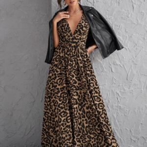 Vestido Longo Com Estampa de Onça